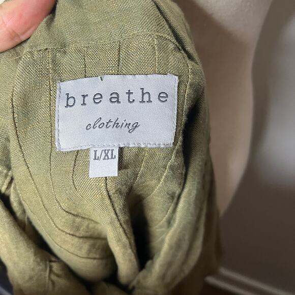 Breathe Clothing Blouse Sz L XL Washed Olive Handmade Linen Poet's Shirt Pleated - Picture 5 of 8
